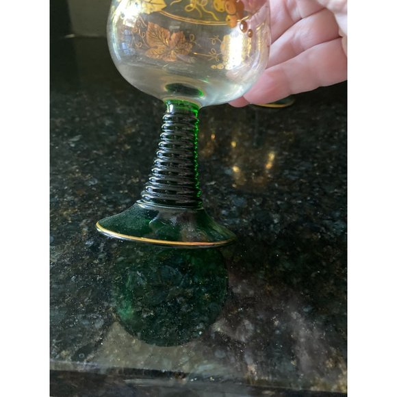 Wine Glasses, 4 3/8" Etched Gold Grapes with Green Beehive Stem, French, Qty. 6 - Picture 3 of 8